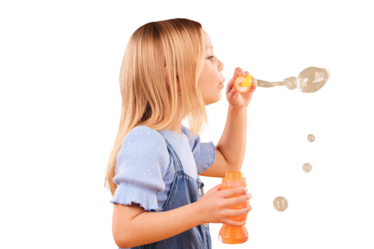 Girl, child and blowing bubbles for fun, games and childhood development with freedom. Happy, profile and young kid from Canada playing with soap wand and toys isolated by transparent png background. - Powered by Adobe