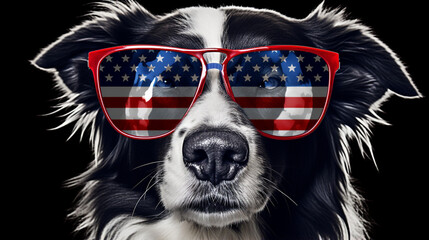 Beautiful border collie in front of a USA flag with sunglasses. generative ai