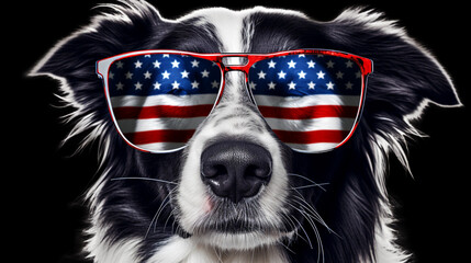 Beautiful border collie in front of a USA flag with sunglasses. generative ai