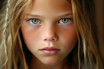 A close up of a small girl, with blue green eyes.