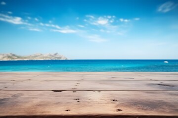 close up of a wooden table with ocean sea view in background