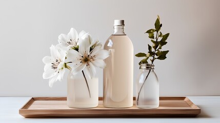 Obraz na płótnie Canvas A collection of sleek, transparent, unbranded detergent bottles with a minimalist aesthetic design, suggesting a natural, fresh aroma for home cleaning.