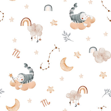 Watercolor seamless pattern with zodiac sign Scorpio, cloud, stars, moon. Collection of baby horoscope. Perfect for posters, postcards, textiles, packaging, prints, covers. Cute astrology character.
