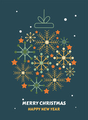 Postcard with text happy new year and merry christmas with xmas decorations and typography design. - obrazy, fototapety, plakaty