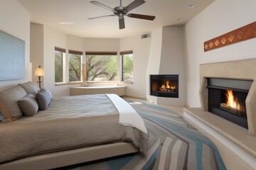 bedroom with a kiva fireplace in the corner