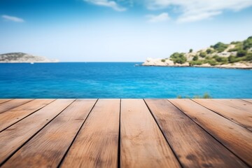 close up of a wooden table with ocean sea view in background