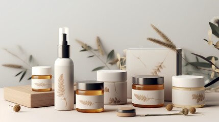 Highresolution product packaging mockups for a natural cosmetics line, featuring ecofriendly materials and minimalist design, perfect for branding presentations. - obrazy, fototapety, plakaty