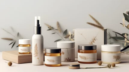 Poster Highresolution product packaging mockups for a natural cosmetics line, featuring ecofriendly materials and minimalist design, perfect for branding presentations. © TensorSpark