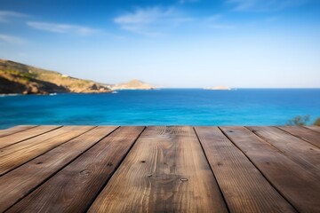 close up of a wooden table with ocean sea view in background