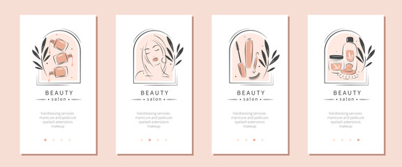 Beauty salon. Hairdressing services, manicure and pedicure, eyelash extensions, makeup. Vector illustrations