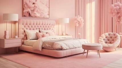 Pink bedroom with delicate decor. Room with furniture, bed, nightstand, carpet and large bright windows