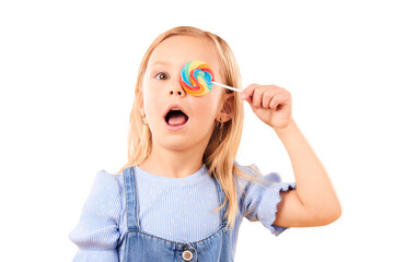 Child, portrait and eye or candy sweet for happy dessert, snack or isolated on transparent png...