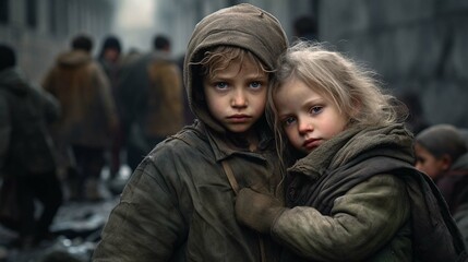 
Poor, neglected, dirty children. Poverty, misery, migrants, homeless people, war