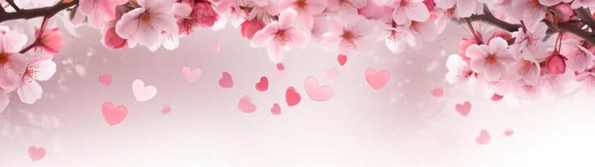Valentine celebration theme. Soft focus cherry blossoms and floating hearts with space for text, romance and love design.
