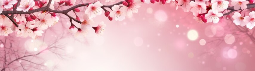 Fototapeta premium Spring blossom theme. Vibrant pink cherry flowers on branch against soft bokeh background, ample copy space above for seasonal design.