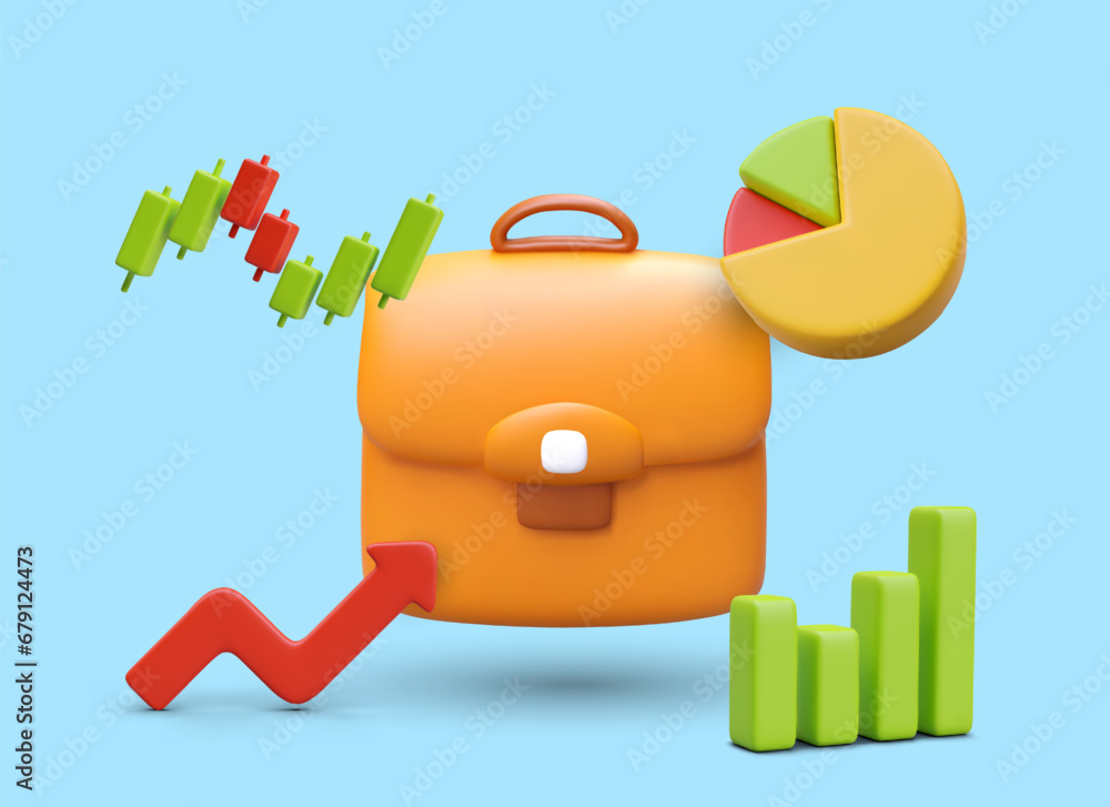 Poster 3d realistic briefcase, pie diagrams, charts and colorful histogram. poster with graphics for busine
