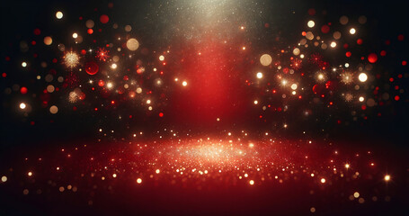 Fototapeta na wymiar Web Banner coupon with copy space for Christmas or New Year greeting with bright and shimmering golden sparkling elements and magical atmosphere bokeh and bling on red and black background