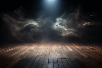 Empty Wooden Floor with Smoke Floating Up on Dark Background