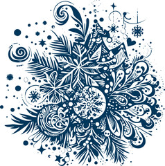 Decorative vector image of a New Year decoration in the form of a blot with stylized Christmas ornaments on a white background