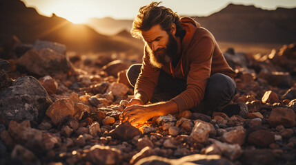 A man with a beard sits in a pile of stones and searches for gold. His hands are shiny