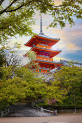 Kyoto, Japan - April 6 2023: Kiyomizu-dera is a Buddhist temple located in eastern Kyoto. it is a part of the Historic Monuments of Ancient Kyoto UNESCO World Heritage Site