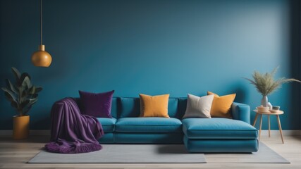 Grey sofa with violet pillow and floor lamp against concrete wall with copy space. Loft home...