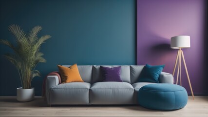 Grey sofa with violet pillow and floor lamp against concrete wall with copy space. Loft home interior design of modern living room 