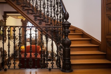internal staircase in spanish revival style with a wrought iron balustrade