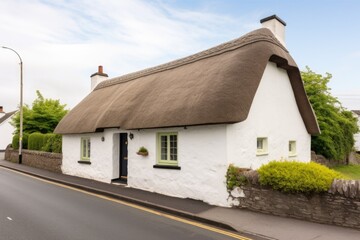 Fototapeta na wymiar white stone cottage, thatched roof with neat window frames