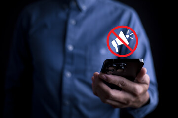 Silent mode concept Signs prohibiting sound, mute notifications on smartphones disturbing others...