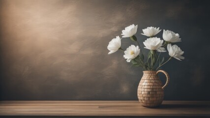  Daisy flowers bouquet in orange vase on white wooden coffee table near turquoise wall background. Interior design of modern living room with space for text