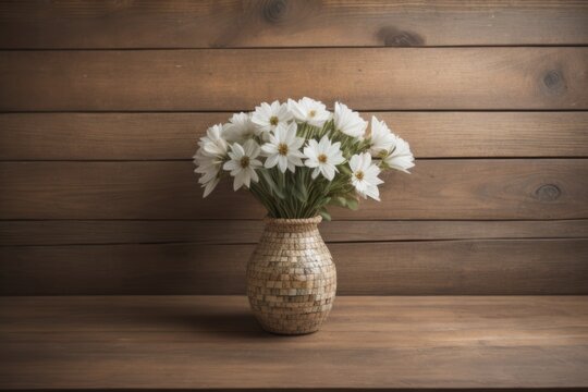  Daisy flowers bouquet in orange vase on white wooden coffee table near turquoise wall background. Interior design of modern living room with space for text