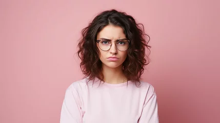 Foto op Canvas Photo of unhappy young woman bad mood irritated problem raise eyebrow isolated on pink color background. Made with generative ai © Farid