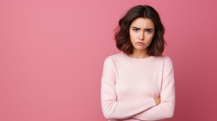 Photo of unhappy young woman bad mood irritated problem raise eyebrow isolated on pink color...