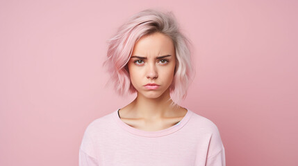 Photo of unhappy young woman bad mood irritated problem raise eyebrow isolated on pink color background. Made with generative ai