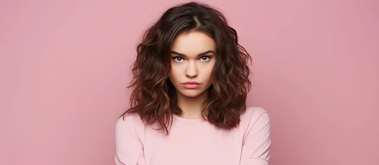 Foto op Canvas Photo of unhappy young woman bad mood irritated problem raise eyebrow isolated on pink color background. Made with generative ai © Farid