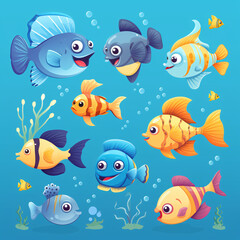 Fish and wild marine animals are isolated on blue background