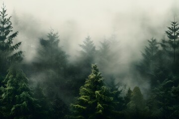 view of a green alpine trees forest with mountains at back covered with fog and mist in winter