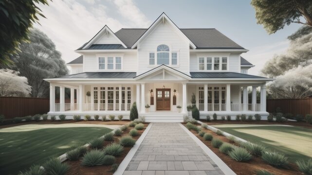 Colonial Style White Wooden Cladding Family House Exterior. Beautiful Front Yard Landscaping Design With Lawn And Flower Bed