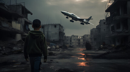 f-16 jet flying over a young modern boy with a shaved head wearing dark jeans and a sweatshirt standing in a cenetary inside gaza city film noir style, PNG, 300 DPI