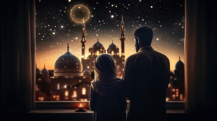 Family at window looking at Islamic city with crescent moon, mosque skyline and Ramadan Kareem star