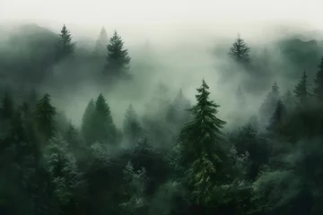 Fototapeten view of a green alpine trees forest with mountains at back covered with fog and mist in winter © DailyLifeImages