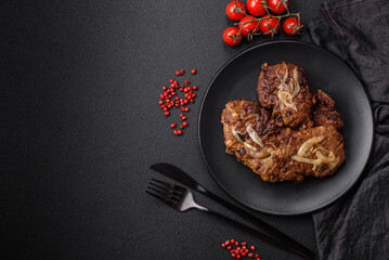 Delicious fried chicken or beef liver with salt, spices and herbs