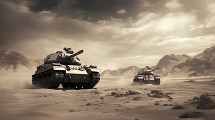 War tanks driving on a desert below film noir style, PNG, 300 DPI