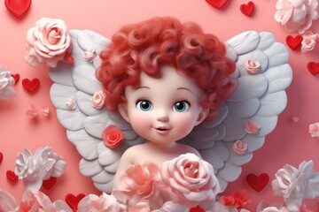 Fototapeta premium Cupid child with vibrant curls and white wings, surrounded by roses and hearts on soft pink backdrop. Love and Valentine's Day theme.