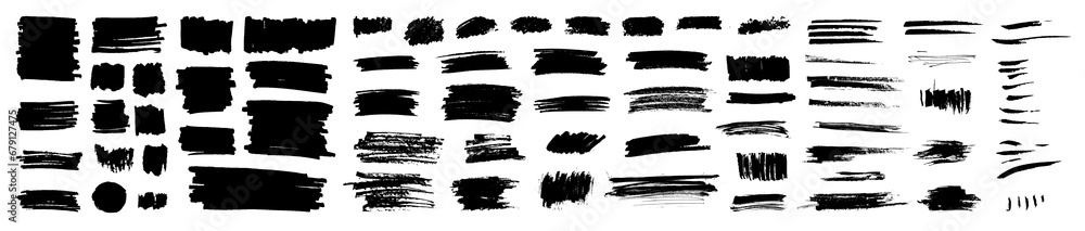 Poster grunge vector set of brush paint strokes. grungy rough ink blot shape scribbles. punk style dirty sp