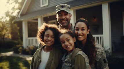 Happy American soldier with family standing smiling looking at camera outside home