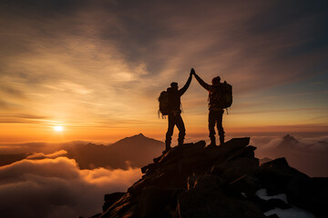 Teamwork concept, with two people giving high five on mountain top. Success, achievement and...