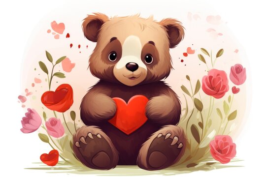 An adorable teddy bear with a heart surrounded by flowers, an adorable children's themed image for Valentine's Day. Theme of whim and affection.