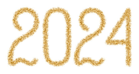 Tinsel. 2024. Lettering from a festive Christmas decoration. Fluffy numbers. Golden color. Vector illustration. Isolated background. Cute plush message. The coming year. Rustling lettering. 